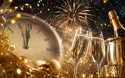 Uhr mit Sekt und Feuerwerk