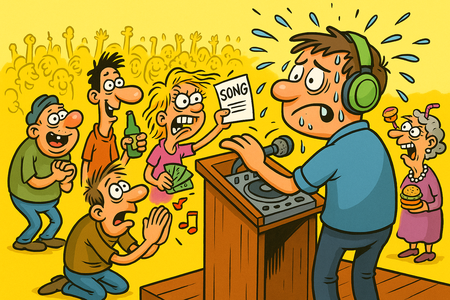 Karikatur DJ nimmt Musikwünsche entgegen