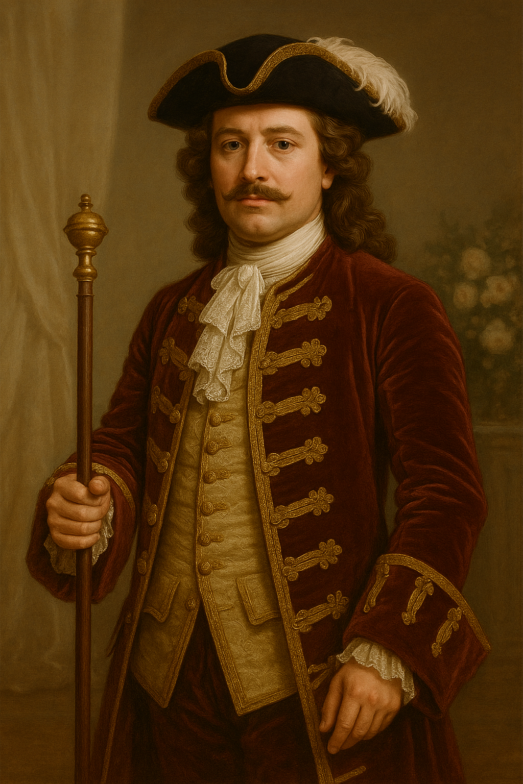 altertümlicher Zeremonienmeister mit Livree und Zeremonienstab